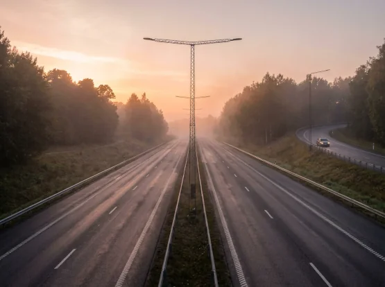 transport-logistik-motorvag-soluppgang Motorväg i soluppgång med lätt dimma – symbol för transport och logistik.